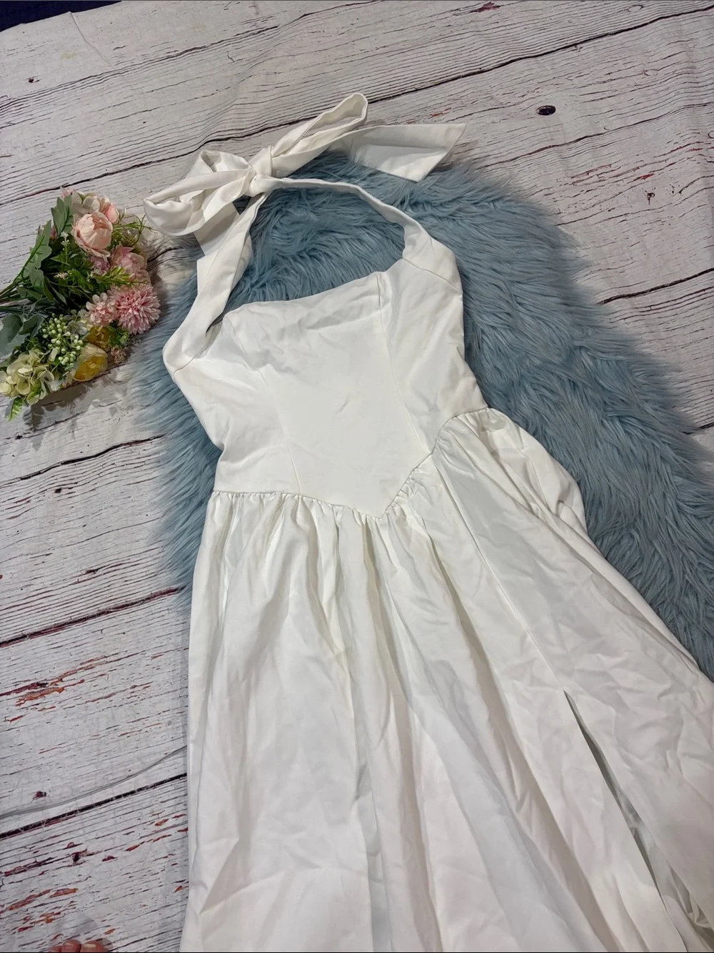NWT Showpo. HELDA MIDI DRESS Halter Tie Neck Corset Panel In Off White